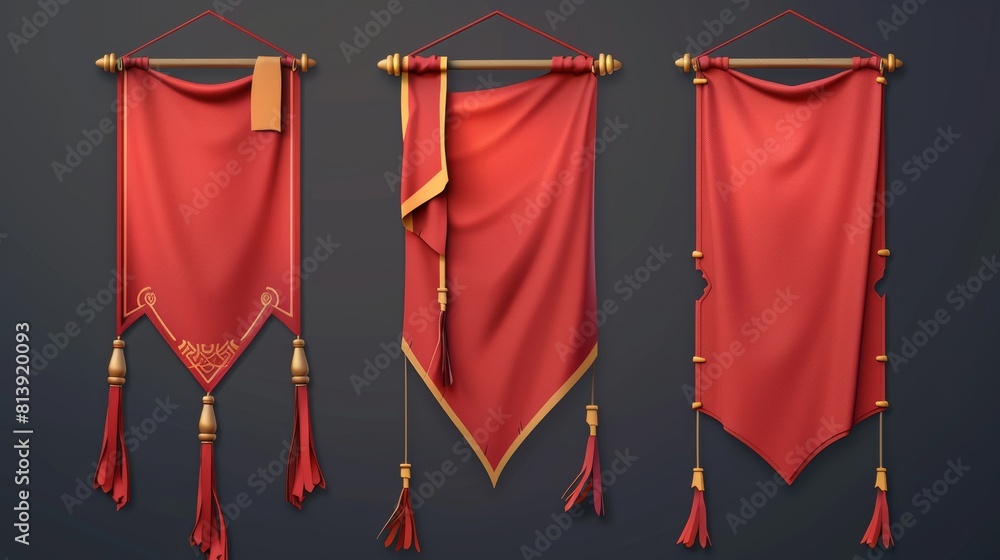 Poster a mockup of a red pennant flag with golden tassels, examples with rounded, concave, pointed and doub