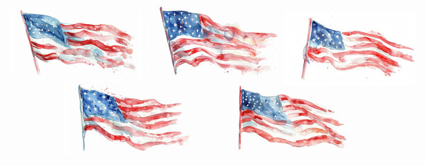 Watercolor set of American flag isolated on white background.