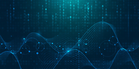 Illustration vector abstract wave, flow line, motion pattern and particle dot on dark blue background. Modern futuristic, big data design for background. Digital datum, high tech, technology concept