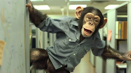 Agile Monkey Donning Professional Attire Swings Confidently Between Office Cubicles