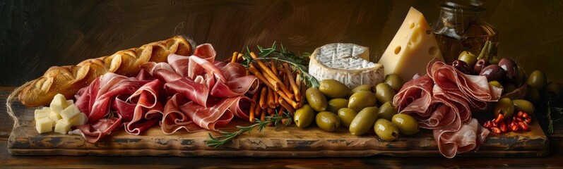 Woden cutting board with various types of meat and cheese. Italian food . Banner