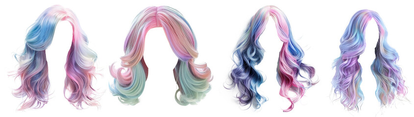 Pastel pink and blue wigs on transparent background, artistic hair fashion