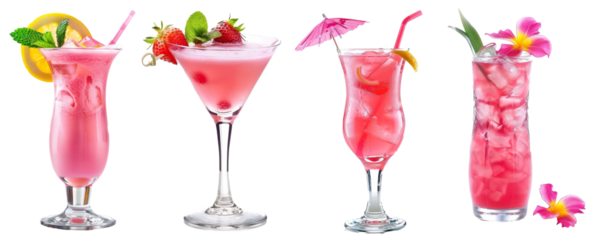 Variety of pink cocktails on transparent background, refreshing summer drinks