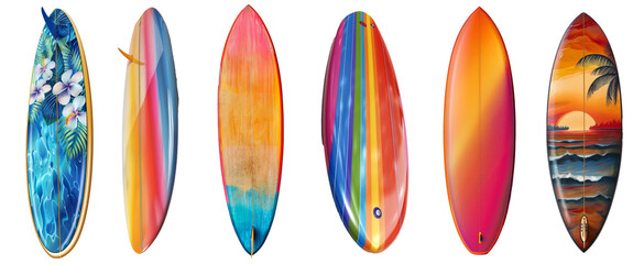 Colorful surfboards lined up, beach lifestyle essentials with transparent background