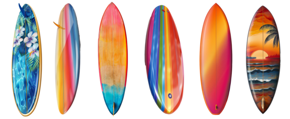 Colorful surfboards lined up, beach lifestyle essentials with transparent background