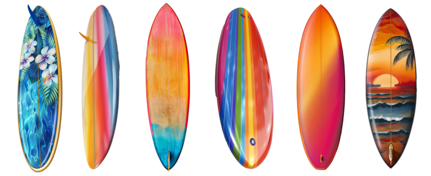 Colorful surfboards lined up, beach lifestyle essentials with transparent background