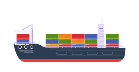 Modern Cargo Ship, Fully Loaded With Colorful Containers Isolated On White Background. Cartoon Vector Illustration