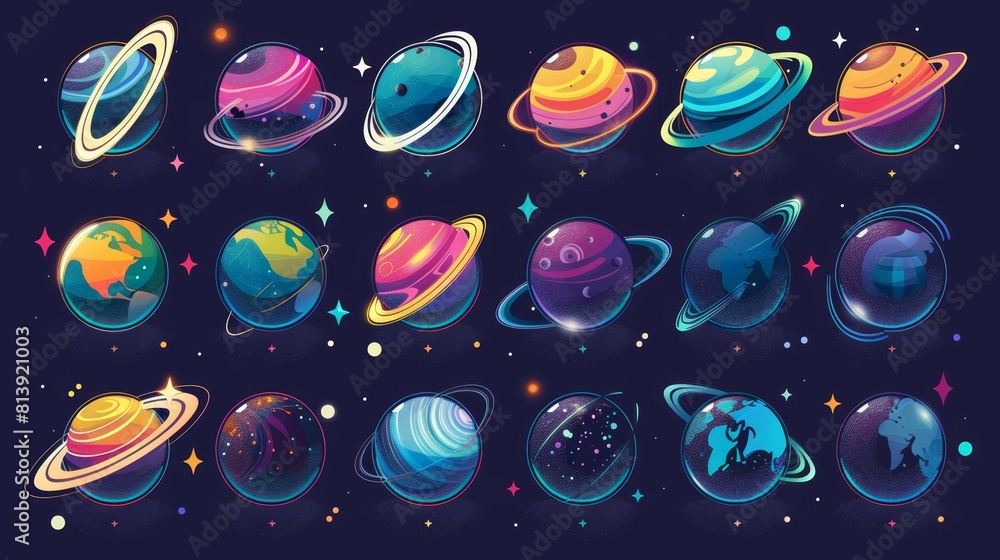 Poster this is a modern set of space exploration posters with cartoon illustrations of alien planets on a b