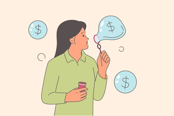 Woman blowing financial bubbles as metaphor for creating money from air or unreliable investments