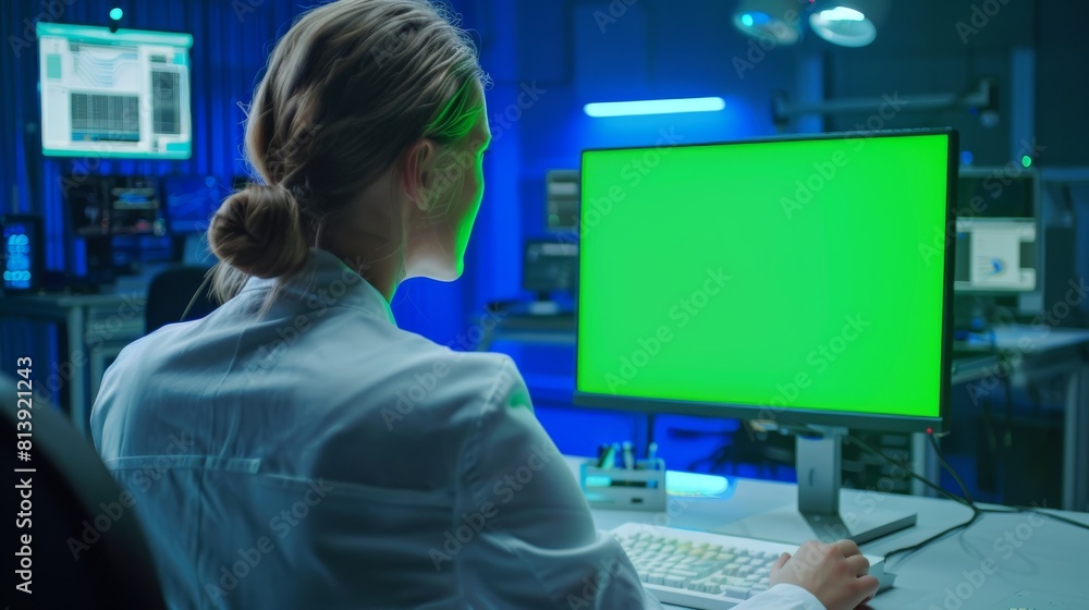 Poster over the shoulder shot of a female it scientist using a mock-up screen computer. in the background, 