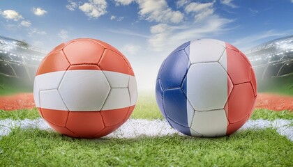two football balls displaying the colors of Austria and France flags, symbolizing a friendly match between nations