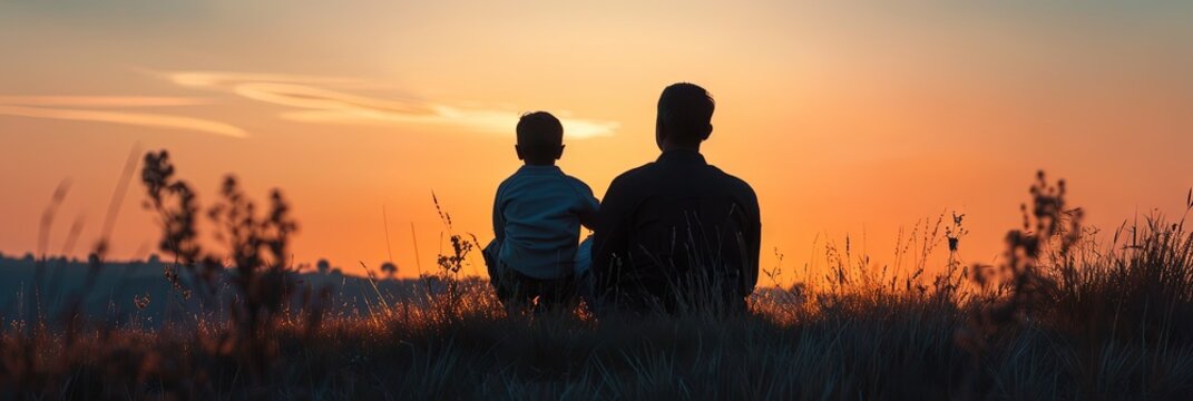 father with his young son exploring the outdoors landscape - Powered by Adobe