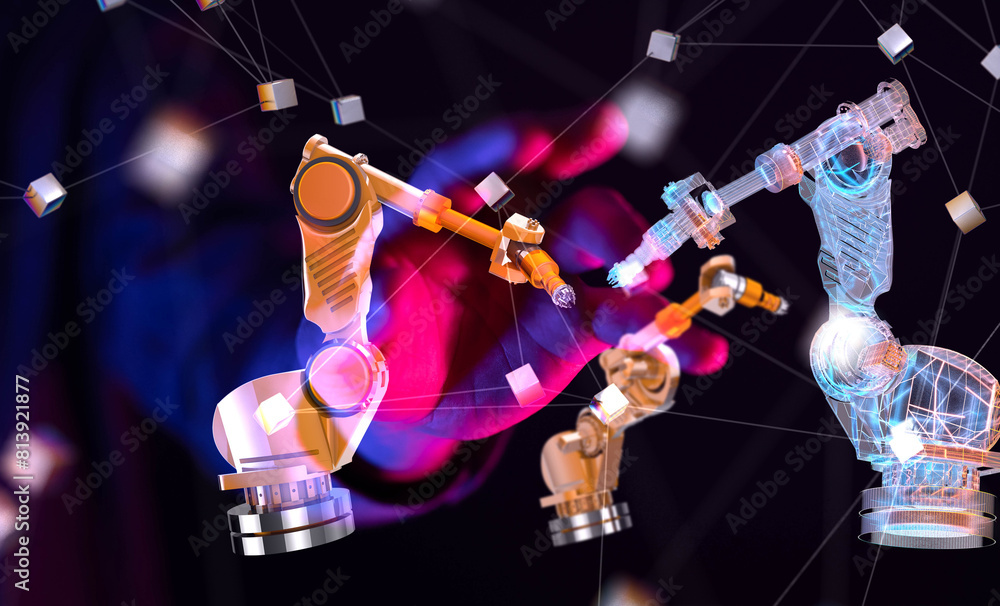 Poster Neural network 3D illustration. Big data and cybersecurity