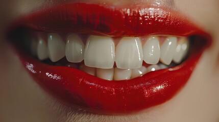 Female with Beautiful Natural Healthy Red Lips and Even Teeth with Pretty Smile. Macro shot of mouth with perfect white teeth. Person smiling.