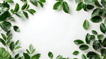 Fototapeta premium Elegant Green Leaf Border on Clean White Background for Nature,Botanical,and Springtime Designs