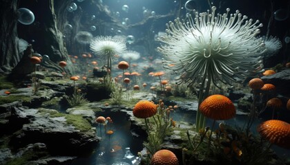 Underwater fantasy landscape with glowing plants and rocks