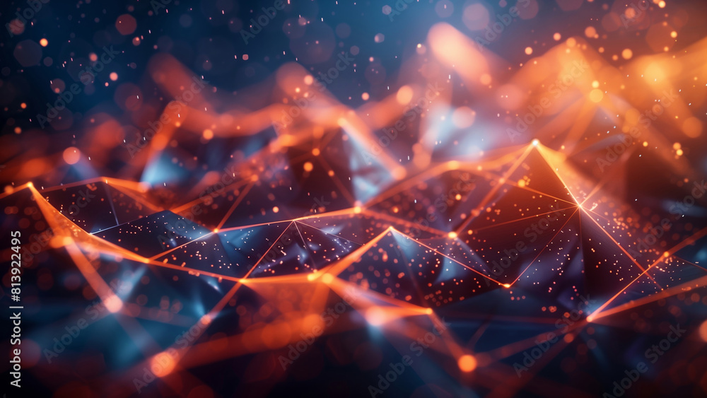 Poster futuristic network nodes and connections overlapping in a dynamic blue and orange digital landscape,