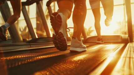 An athletic couple running on treadmills, doing fitness exercise. Strong people exercising in modern gyms. A low ground shot focusing on their legs. - Powered by Adobe