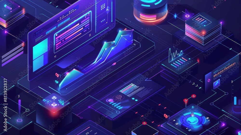 Poster an seo or search engine optimization isometric landing page. technology for digital marketing and bu