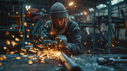 This stunning female artist uses an angle grinder to make a brutal metal sculpture in her studio. She polishes a metal tube with sparks flying out of it. Contemporary steel artist creating abstract