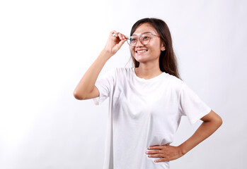 Side view of Portrait of amazing beautiful woman standing while taking off her eyeglasses, looking...