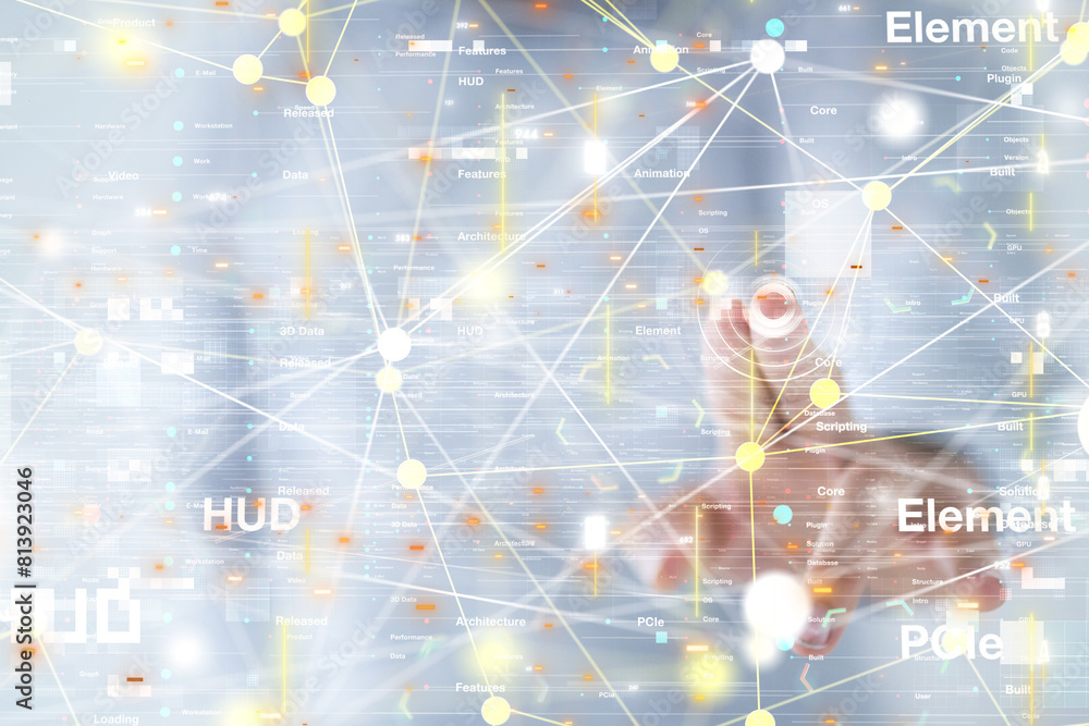 Poster Global network. Blockchain. 3D illustration. Neural networks and artificial intelligence. Abstract