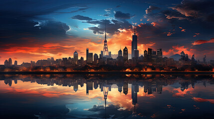 Fototapeta premium The Skyscrapers Reflect on Calm River Water and Cloudy Sky During Evening Time Cityscape Background