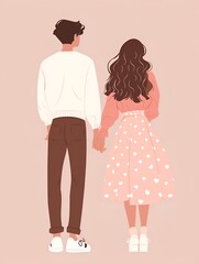 Back view of young couple holding hands and being in love on Valentine's Day.