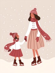 Cute little girl and her mother skating on ice in winter snowing