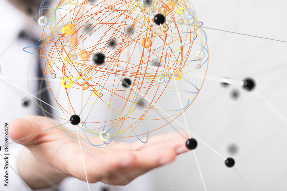 Poster Global network. Blockchain. 3D illustration. Neural networks and artificial intelligence. Abstract