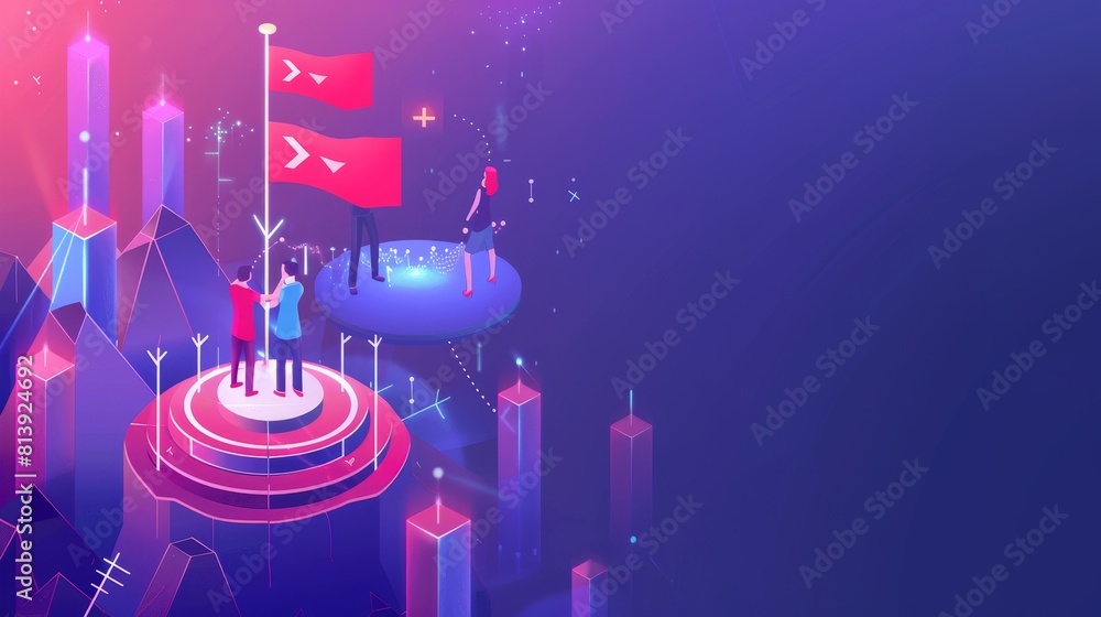 Poster banner with concept of achieving objectives and performing purpose. modern landing page with a circl