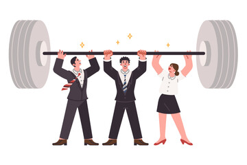 Team of business people lift barbell together, demonstrating unity and synergy in achieving goal