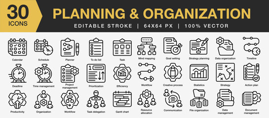 Naklejka premium Set of 30 Planning & organization icon set. Editable Stroke Icon Collection. Includes calendar, task, workflow, strategy, organization and More. Outline icons vector collection.