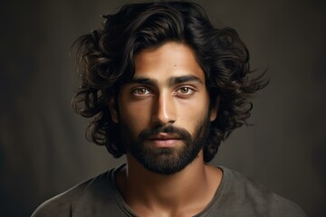 Solemn South Asian male portrait. Cheerful adult man. Generate ai