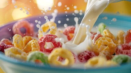Mouthwatering Breakfast Splash of Creamy Milk Poured Over Vibrant Fruit Loops