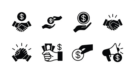 Business marketing icon set. Containing sponsor, agreement, donation, handshake, partnership, trust, money, social media, megaphone, campaign, purchase, donation. Vector illustration