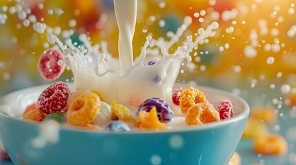 Mouthwatering Morning Splash of Creamy Milk Poured into a Bowl of Vibrant Fruit Loops for a Delicious Breakfast