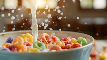 Mouthwatering Breakfast Splash of Creamy Milk Poured into a Bowl of Vibrant Fruit Loops