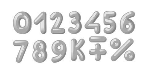 Vector Set Of 3d Metallic Numerals And Common Mathematical Symbols, Crafted In A Smooth Gray Finish On White Background