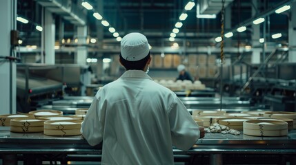 This young male employee is working at a dumpling factory, facing away from the camera and producing manual labor on the line while wearing a white protective hat and work shirt. - Powered by Adobe