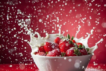 Explosion of Flavor Milk Splash Collides with Freshly Picked Strawberries