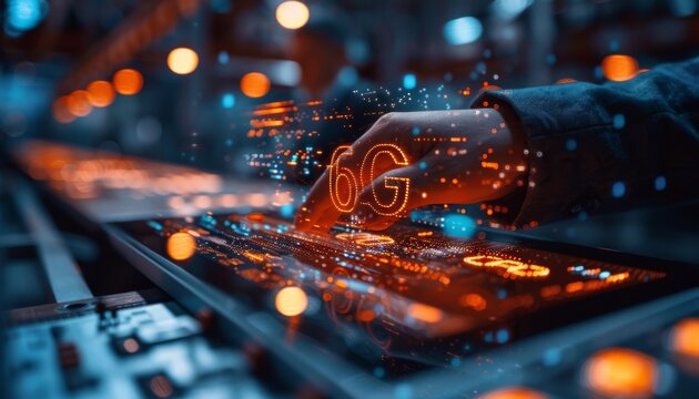 Futuristic 6G network concept on a high-tech factory assembly line