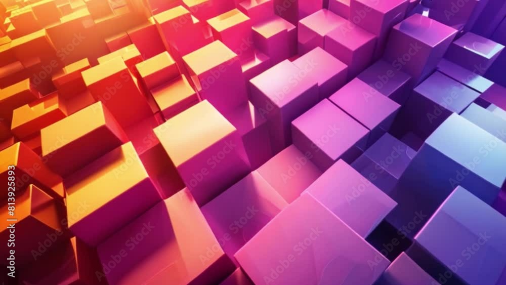Poster abstract composition featuring an array of vividly colored cubes within a room setting.