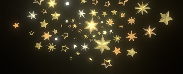 Banner with golden decoration. Festive border with falling glitter dust and stars.