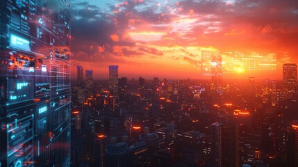 AI is featured against a backdrop of a city skyline that is aglow with the fading light of day, with holographic projections casting a futuristic vision based on data-driven insights.