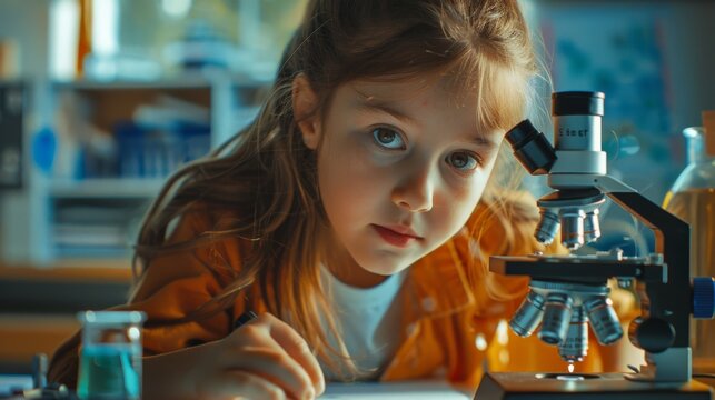 In Elementary School Classroom Cute Girl Uses Microscope. STEM (science, technology, engineering, and mathematics) Education Program.