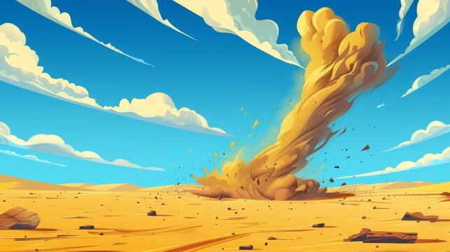This modern cartoon illustration depicts a tornado, wind storm with an air funnel in a desert, with dusty twisters and yellow sand dunes for contrast.