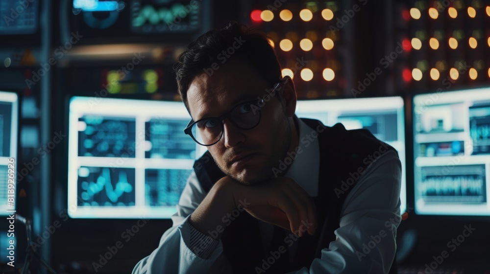 Poster an experienced male data scientist works on a computer in a room equipped with a neural network in t