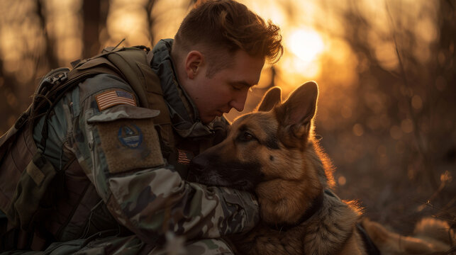 A man in a military uniform is petting a dog - Powered by Adobe