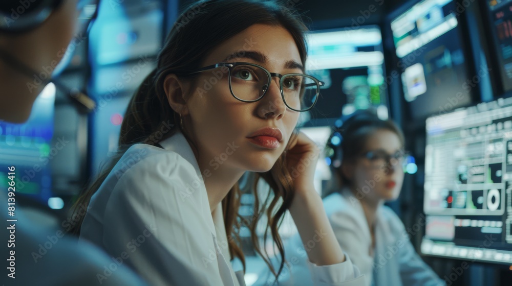 Poster women data scientists work closely together in a big control and monitoring room with neural network